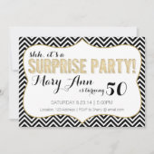 Invitation Fête surprise Chevron noir et or (Devant)