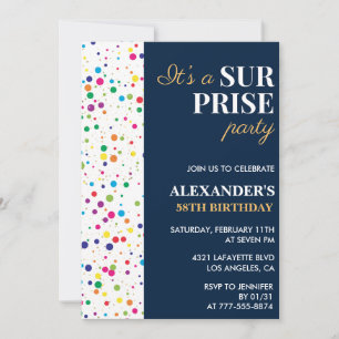 Invitation Fête surprise Confetti Bleu marine 58 ans
