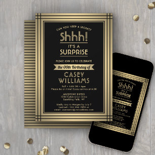 Invitation Fête surprise d'anniversaire Chut ! Élégant noir e