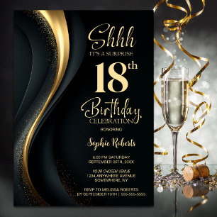 Invitation Fête surprise de 18 ans en noir et or