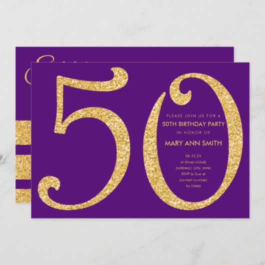 Invitation Fête surprise de 50e anniversaire paillettes dorée (Devant / Derrière)