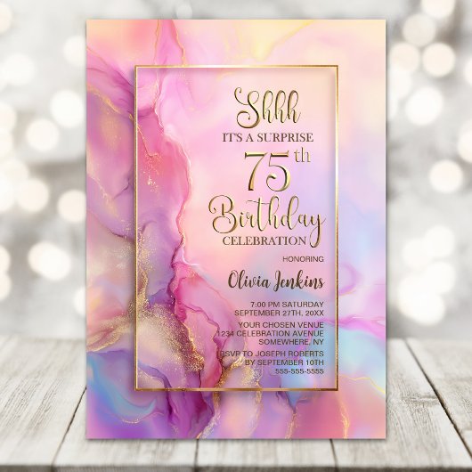 Invitation Fête surprise de 75 ans rose et or