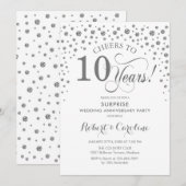 Invitation Fête surprise du 10e anniversaire - Blanc argenté (Devant / Derrière)