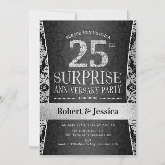 Invitation Fête surprise du 25e anniversaire - Argent (Devant)