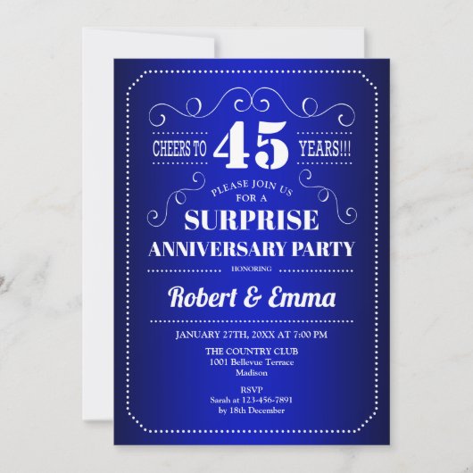 Invitation Fête surprise du 45e anniversaire - Bleu saphir (Devant)