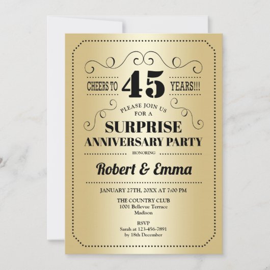Invitation Fête surprise du 45e anniversaire - Or Noir (Devant)