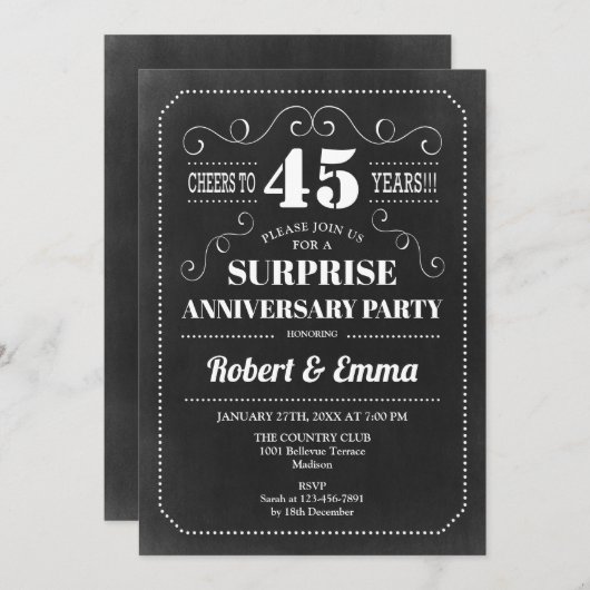 Invitation Fête surprise du 45e anniversaire - Tableau noir (Devant / Derrière)