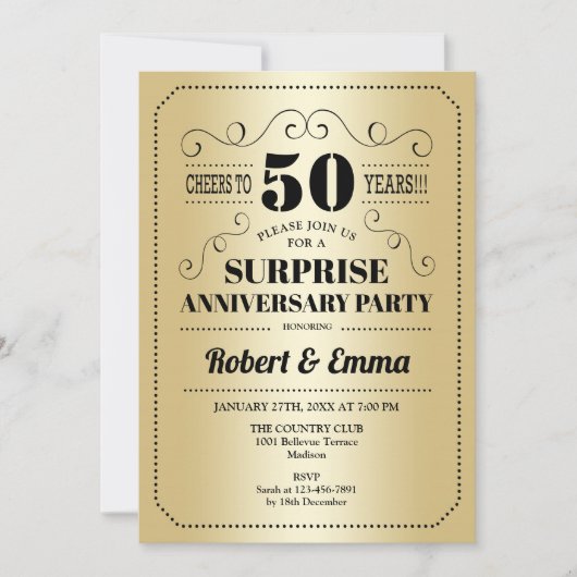 Invitation Fête surprise du 50e anniversaire - Noir Or (Devant)
