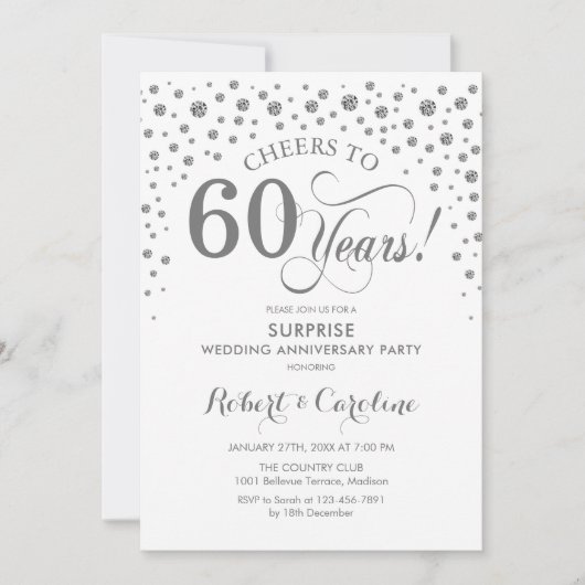 Invitation Fête surprise du 60e anniversaire - Argent blanc (Devant)