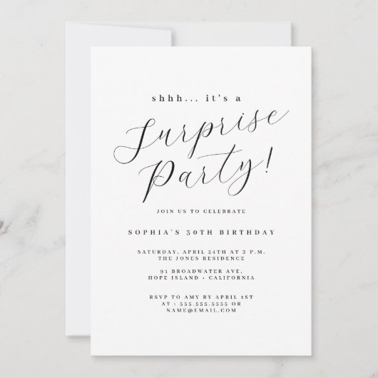 Invitation Fête surprise élégante écriture noire (Devant)