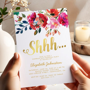 Invitation Fête surprise élégante fleurs blanc or