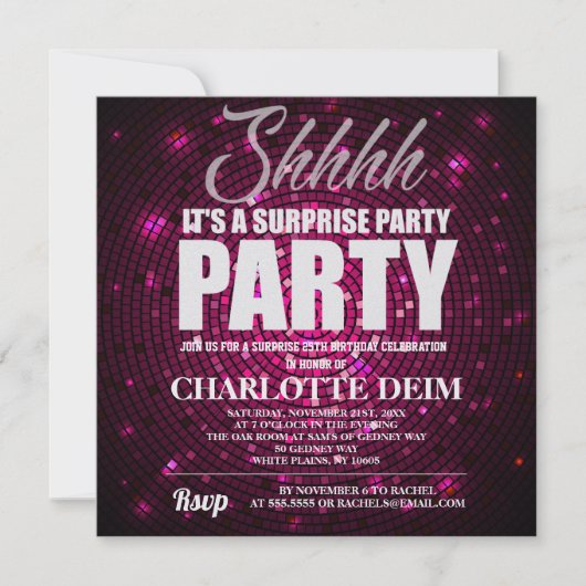 Invitation Fête surprise fond disco néon (Devant)