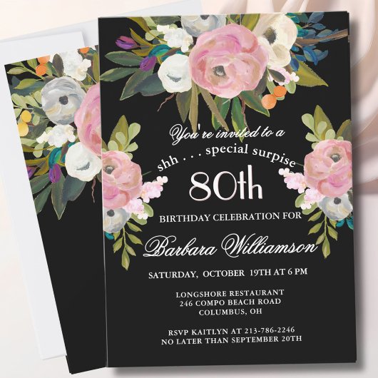 Invitation **Fête surprise Handpainted Floral 80 ans 