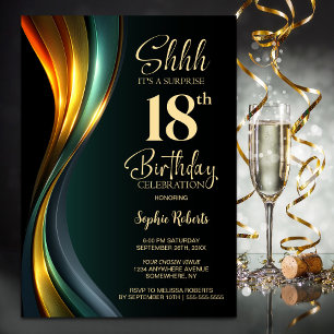 Invitation Fête surprise moderne pour 18 ans en noir et or
