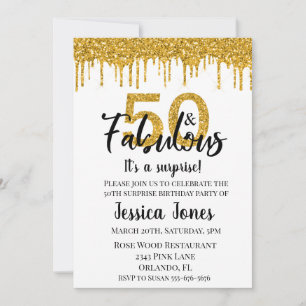 Invitation Fête surprise Paillettes d'Or 50 et Fabuleux Cinqu