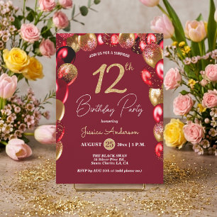 Invitation Fête surprise pour 12 ans avec paillettes dorées e