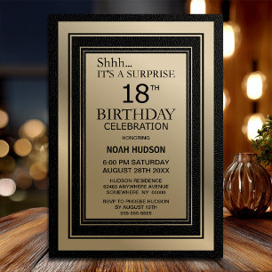 Invitation Fête surprise pour 18 ans avec bordure noire et or