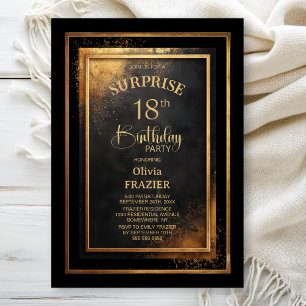 Invitation Fête surprise pour 18 ans en noir et or moderne