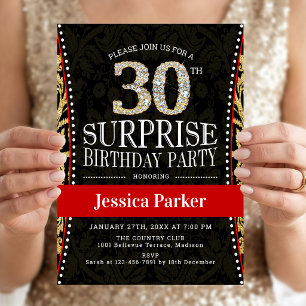 Invitation Fête surprise pour 30 ans - Or Noir Rouge