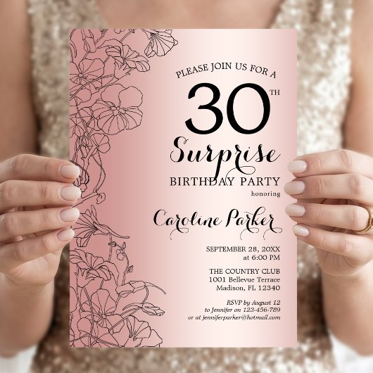 Invitation Fête surprise pour 30 ans thème Rose Gold