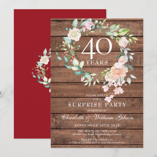 Invitation Fête surprise pour 40e anniversaire de mariage en  (Devant / Derrière)