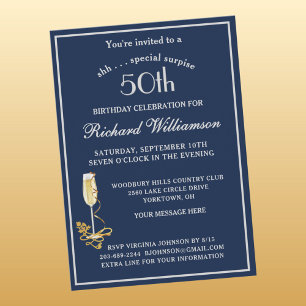 Invitation Fête surprise pour 50e anniversaire Élégant bleu a