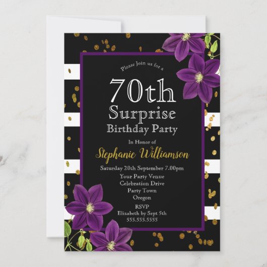 Invitation Fête surprise pour 70 ans Anniversaire Noir et Or (Devant)