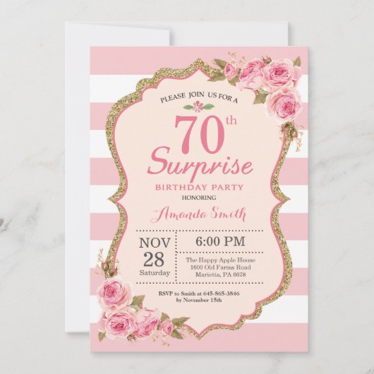 Invitation Fête surprise pour 70 ans avec des pivoines roses  (Devant)