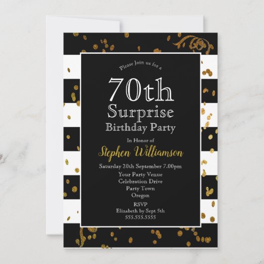 Invitation Fête surprise pour 70 ans Black and Gold (Devant)