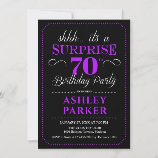 Invitation Fête surprise pour 70 ans - Noir Violet (Devant)