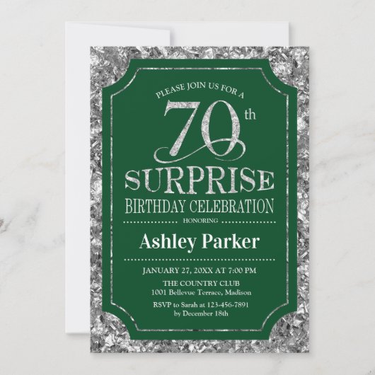 Invitation Fête surprise pour 70 ans - Vert argenté (Devant)