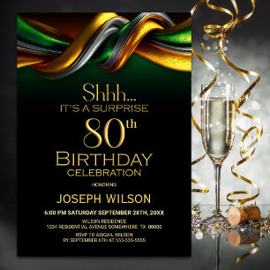 Invitation Fête surprise pour 80e anniversaire en vert et or