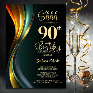 Invitation Fête surprise pour 90 ans moderne noir et or