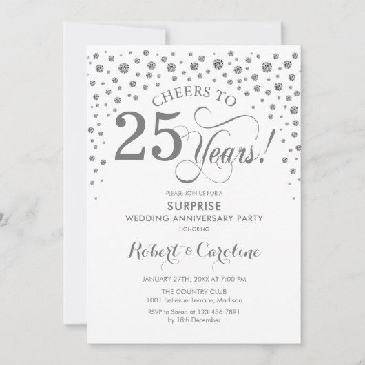 Invitation Fête surprise pour le 25e anniversaire - Blanc arg (Devant)