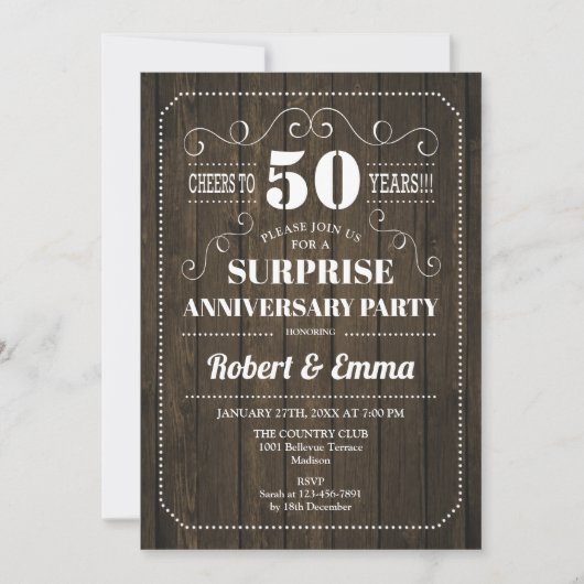 Invitation Fête surprise pour le 50e anniversaire - Bois rust (Devant)