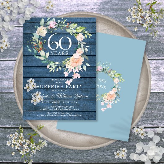 Invitation Fête surprise pour le 60e anniversaire Floral Bleu