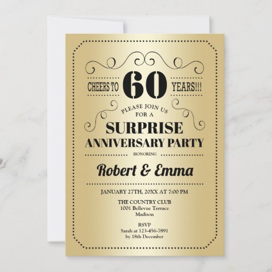 Invitation Fête surprise pour le 60e anniversaire - Or Noir (Devant)