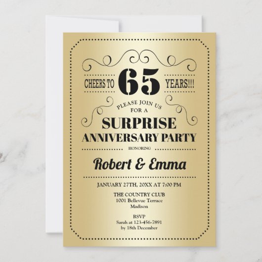 Invitation Fête surprise pour le 65e anniversaire - Noir Or (Devant)