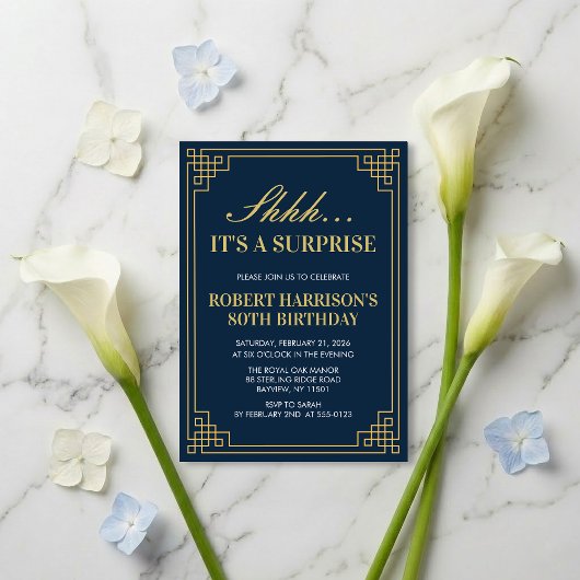 Invitation Fête surprise pour le 80e anniversaire Navy Gold A
