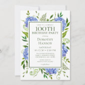 Invitation Fête surprise pour les 100 ans avec des hortensias (Devant)