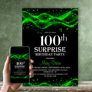 Invitation Fête surprise pour les 100 ans en noir et vert