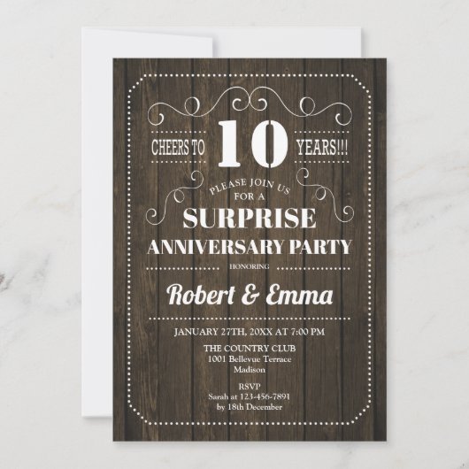 Invitation Fête surprise pour les 10 ans - Bois rustique (Devant)