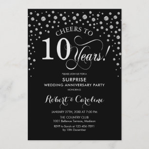 Invitation Fête surprise pour les 10 ans - Noir Argent