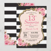 Invitation Fête surprise pour les 13 ans avec des pivoines ro (Devant / Derrière)