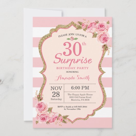 Invitation Fête surprise pour les 30 ans avec des pivoines ro (Devant)