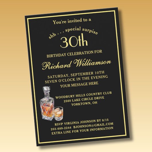 Invitation Fête surprise pour les 30 ans - Noir or classique