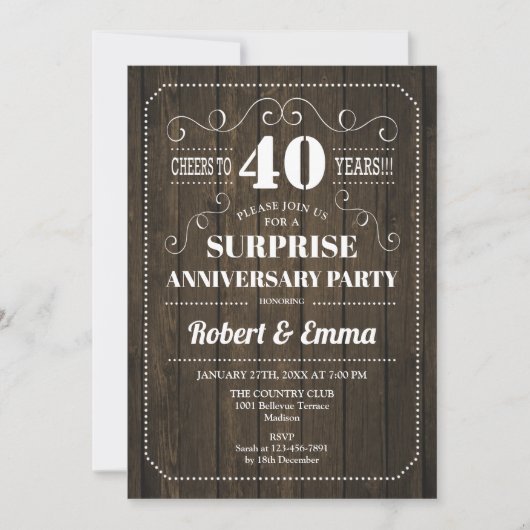 Invitation Fête surprise pour les 40 ans - Bois rustique (Devant)