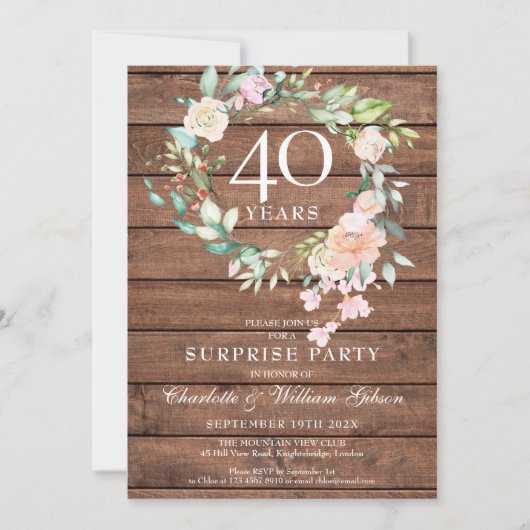 Invitation Fête surprise pour les 40 ans - Bois rustique flor (Devant)