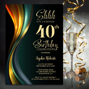 Invitation Fête surprise pour les 40 ans en noir et or modern