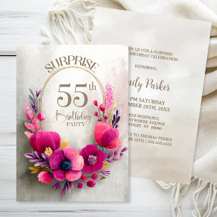 Invitation Fête surprise pour les 55 ans aux fleurs roses